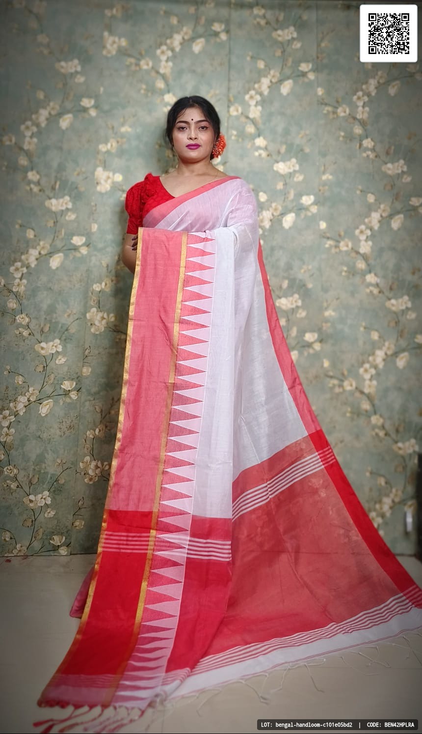Cotton silk handloom saree featuring a one-side temple border and a contrast blouse piece. A versatile choice for various occasions.