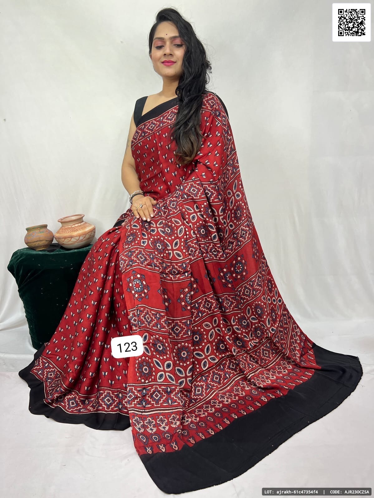 Pure Modal Silk saree featuring natural vegetable dyeing with Ajrakh hand-block print. Available in new colors and patterns, this piece is a graceful choice for festive occasions and special gatherings.