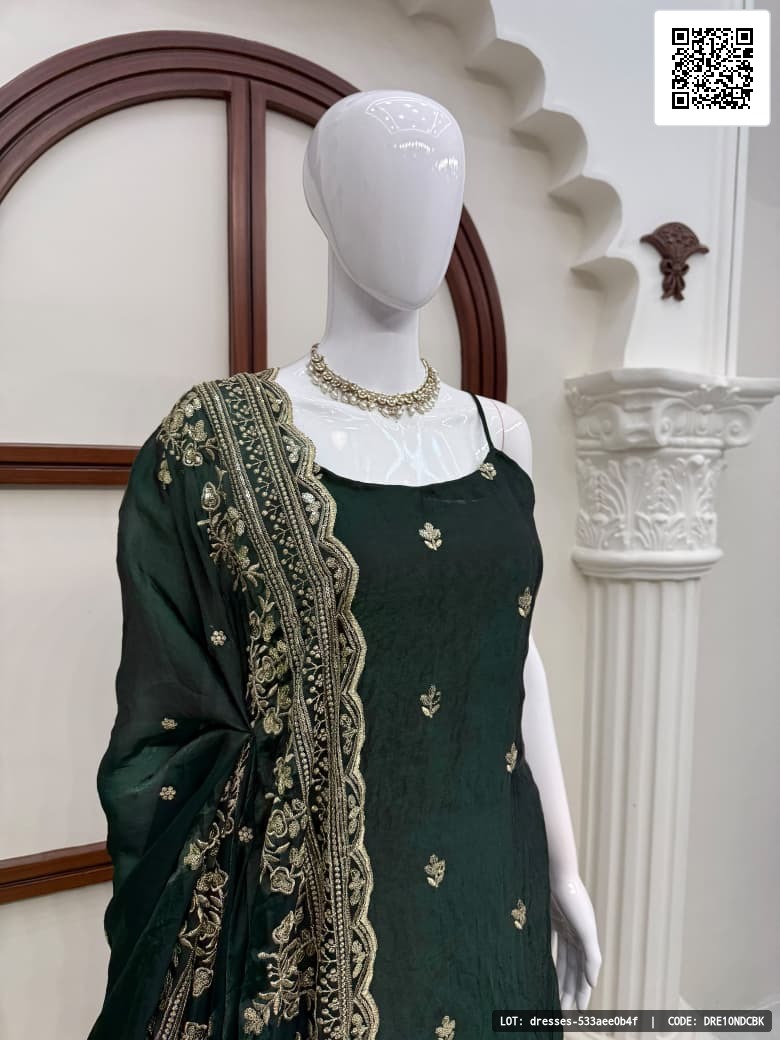 Designer Anarkali set crafted in classy tones with premium fabric and detailing. The top features Fendy Silk with thread and sequence work, complemented by a soft micro inner lining. The pent is made of micro cotton with a plain design, and the dupatta is also Fendy Silk with thread and sequence work, finished with fancy lace on all sides.

Product Details:
- Top Fabric: Fendy Silk
- Top Work: Thread with sequence work
- Top Length: 46 inches
- Top Size: M(38), L(40), XL(42), XXL(44) with 3XL margin
- Pent Fabric: Micro cotton
- Pent Length: 38 inches
- Pent Size: Fully stitched, fits up to size 44 (elastic waistband)
- Dupatta Fabric: Fendy Silk
- Dupatta Work: Thread with sequence work and fancy lace on four sides
- Dupatta Length: 2.10 meters
- Weight: Approx. 1 kg
- Occasion: Perfect for festive celebrations, weddings, or elegant occasions.