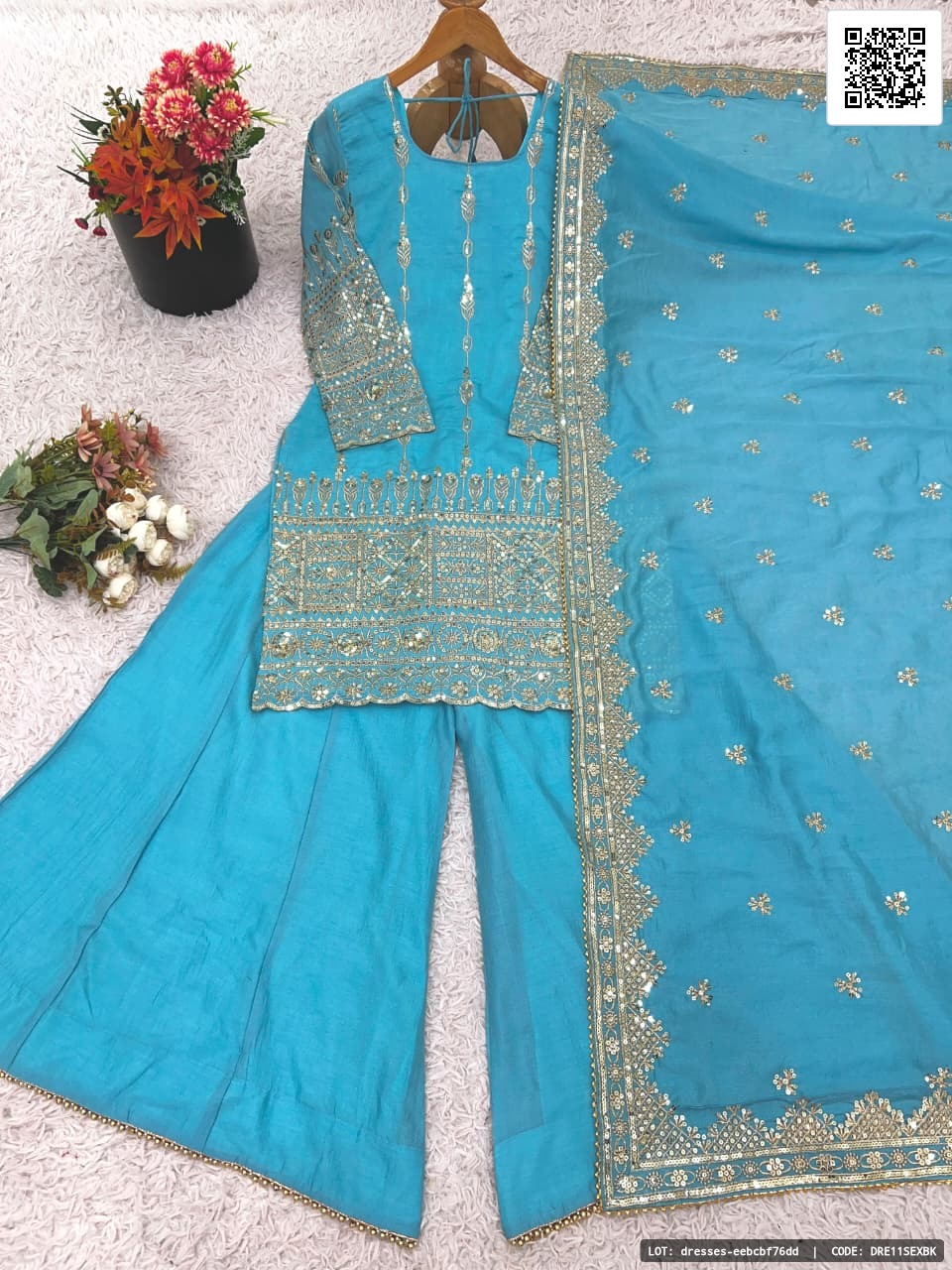 Elegant embroidered sequence designer sharara set featuring a top, sharara, and dupatta, all crafted from heavy pure Vichitra silk. This fully stitched and ready-to-wear ensemble is perfect for festive occasions.

Product Details:
- Top Fabric: Heavy pure Vichitra silk
- Top Work: Heavy embroidery sequence work
- Top Inner: Heavy micro cotton
- Top Sleeves: Full sleeves
- Top Length: 37-38 inches
- Top Size: M(38), L(40), XL(42), XXL(44)
- Sharara Fabric: Heavy pure Vichitra silk
- Sharara Work: Heavy embroidery sequence work with fully flair
- Sharara Inner: Heavy micro cotton
- Sharara Length: 40-41 inches
- Dupatta Fabric: Heavy pure Vichitra silk
- Dupatta Work: Embroidery sequence work
- Dupatta Length: 2.10 meter
- Weight: Up to 1 kg