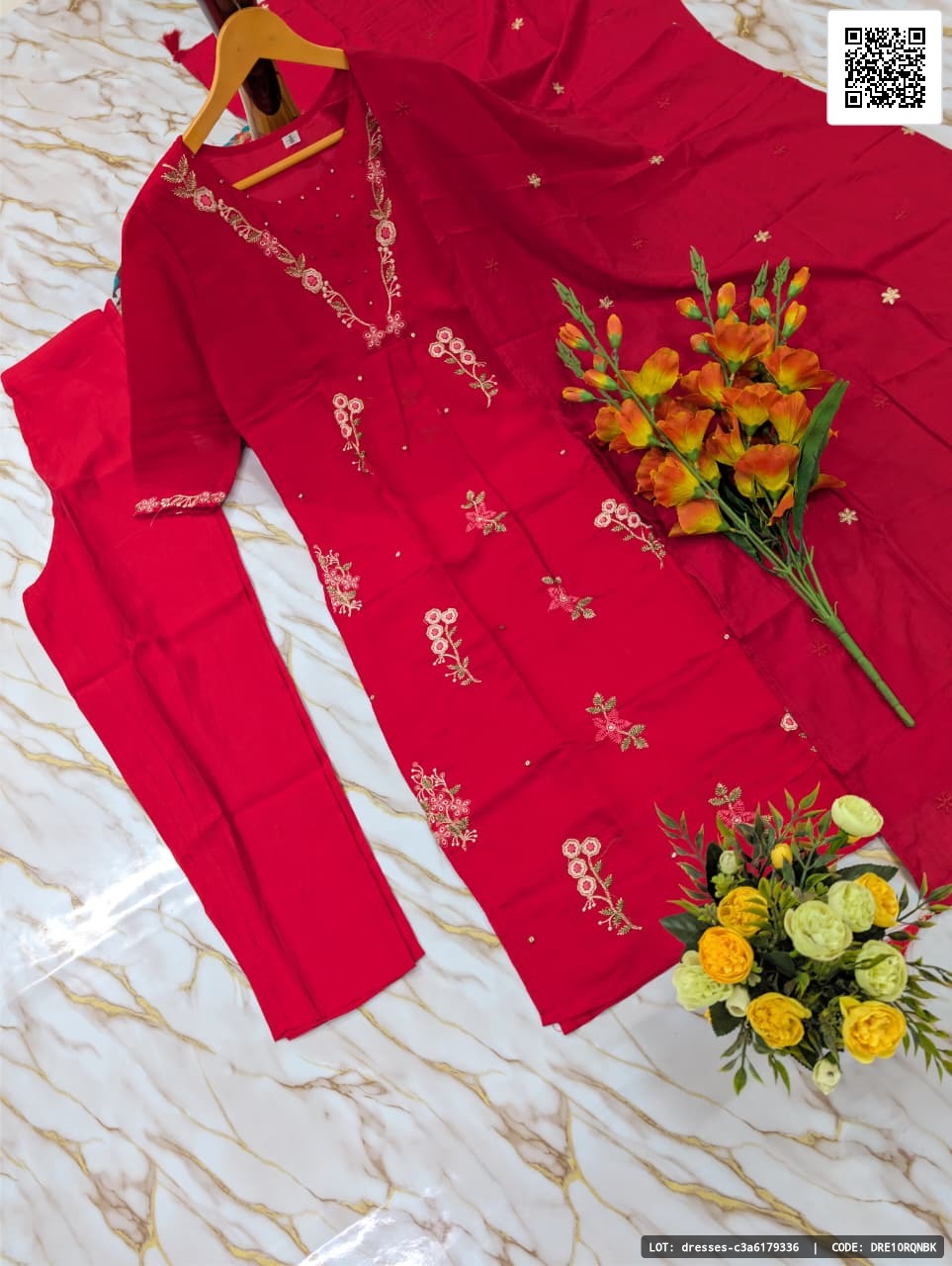 Women's heavy viscose mul chanderi embroidered kurti, pant, and dupatta set featuring sequence coding embroidery work on the top. The set includes a kurti with a length of 46+ inches, palazzo with a length of 40 inches, and a dupatta made of heavy viscose chanderi. A versatile choice for festive wear, party wear, and traditional functions.