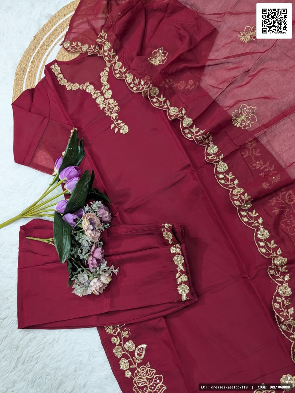 Women's pure viscose Chanderi silk kurta set featuring sequence embroidery work on the top. The set includes a matching bottom and an organza embroidered dupatta.

Product Details:
- Top Fabric: Pure Viscose Chanderi Silk with sequence embroidery work
- Bottom Fabric: Pure Viscose Chanderi
- Dupatta Fabric: 2.2 mtr organza embroidery
- Kurti Length: 45+ inches
- Bottom Length: 38 inches
- Size: S, M, L, XL, XXL
- Weight: 470 gm