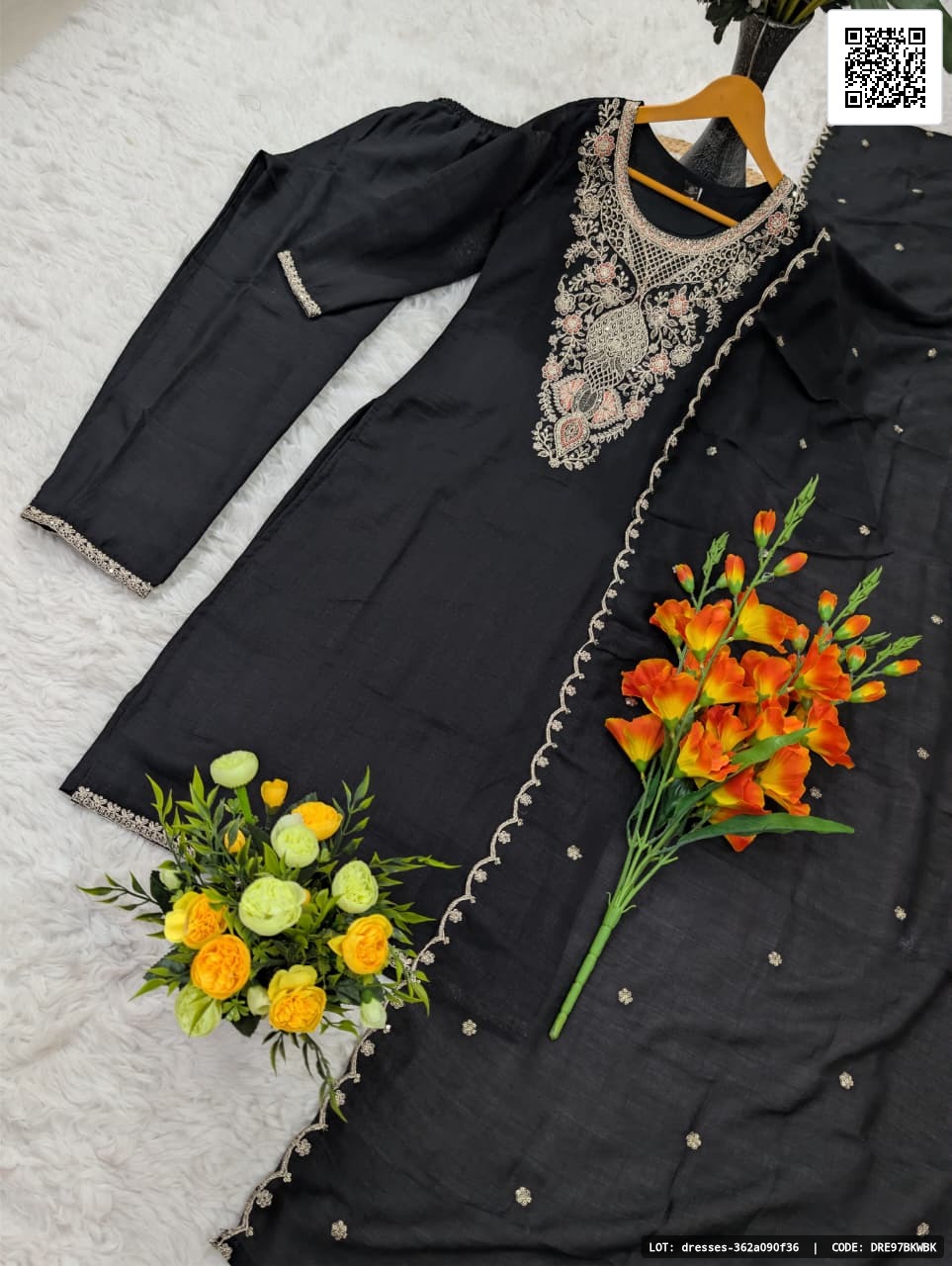 Women’s pure Vichitra silk kurta set featuring sequence coding embroidery work on the top. The set includes a matching embroidered dupatta and a bottom made of Vichitra silk. Available in multiple sizes, this elegant outfit is perfect for festive occasions.