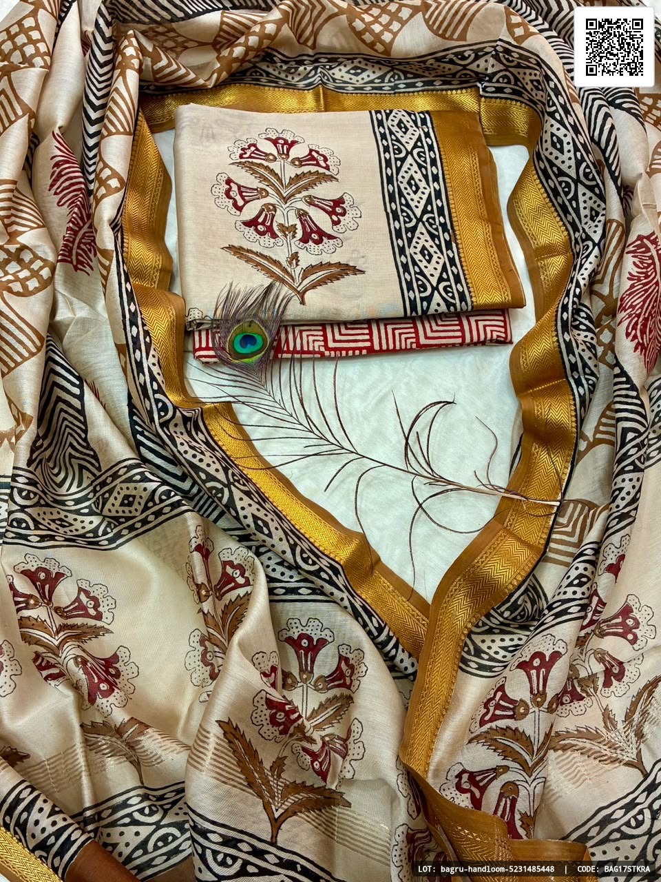 New collection of full Maheshwari silk suit featuring hand block printing. The set includes a Maheshwari silk top, Maheshwari silk dupatta, and cotton cambric bottom, all measuring 2.5 mtr each for a total of 7.5 mtr. Crafted with pure hand block technique.