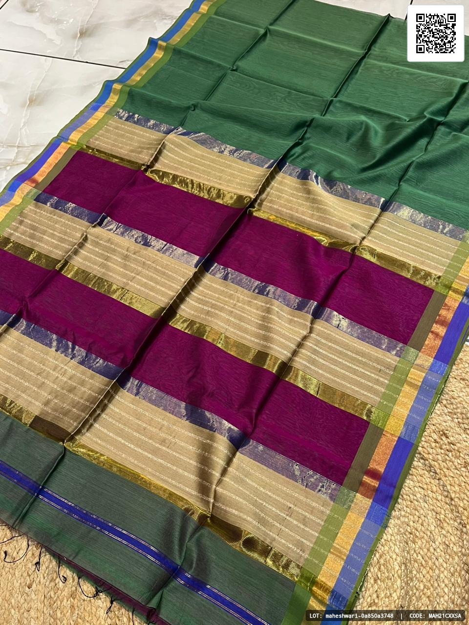 Traditional pure Maheshwari handwoven Teen Kila saree crafted from full tissue material. Recommended washing method is dry clean. The saree measures 5.5 metres in length and comes with a blouse piece of 0.80 metres.